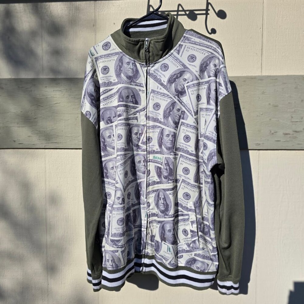 212NYC Allover Print Zip Up Sweater  Y2K / Street Wear / XXXL 3XL. $100 Bills